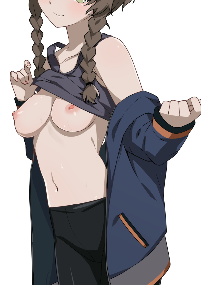 1girl amane_suzuha bike_shorts braid breasts brown_hair clothes_lift green_eyes head_out_of_frame highres jacket medium_breasts morisobo navel nipples off_shoulder shirt_lift simple_background smile solo steins;gate tank_top track_jacket twin_braids white_background