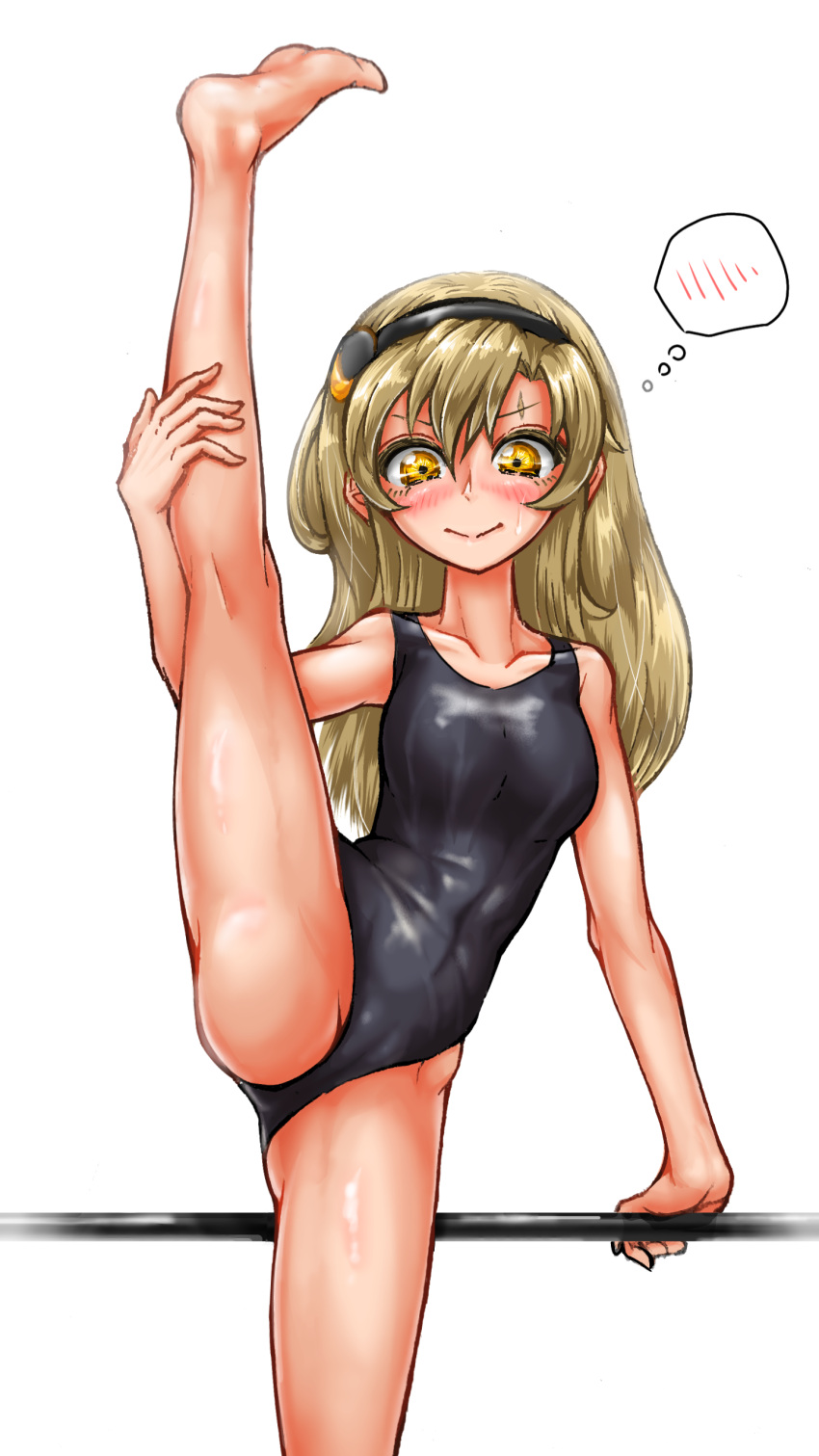 1girl absurdres ass aygoftenover bare_arms bare_shoulders barefoot black_hairband black_one-piece_swimsuit blonde_hair blush breasts cameltoe collarbone hairband highres koishikawa_iko large_breasts leg_up long_hair one-piece_swimsuit orange_eyes shiny_skin shy_(series) smile split standing standing_on_one_leg standing_split sweat swimsuit thought_bubble
