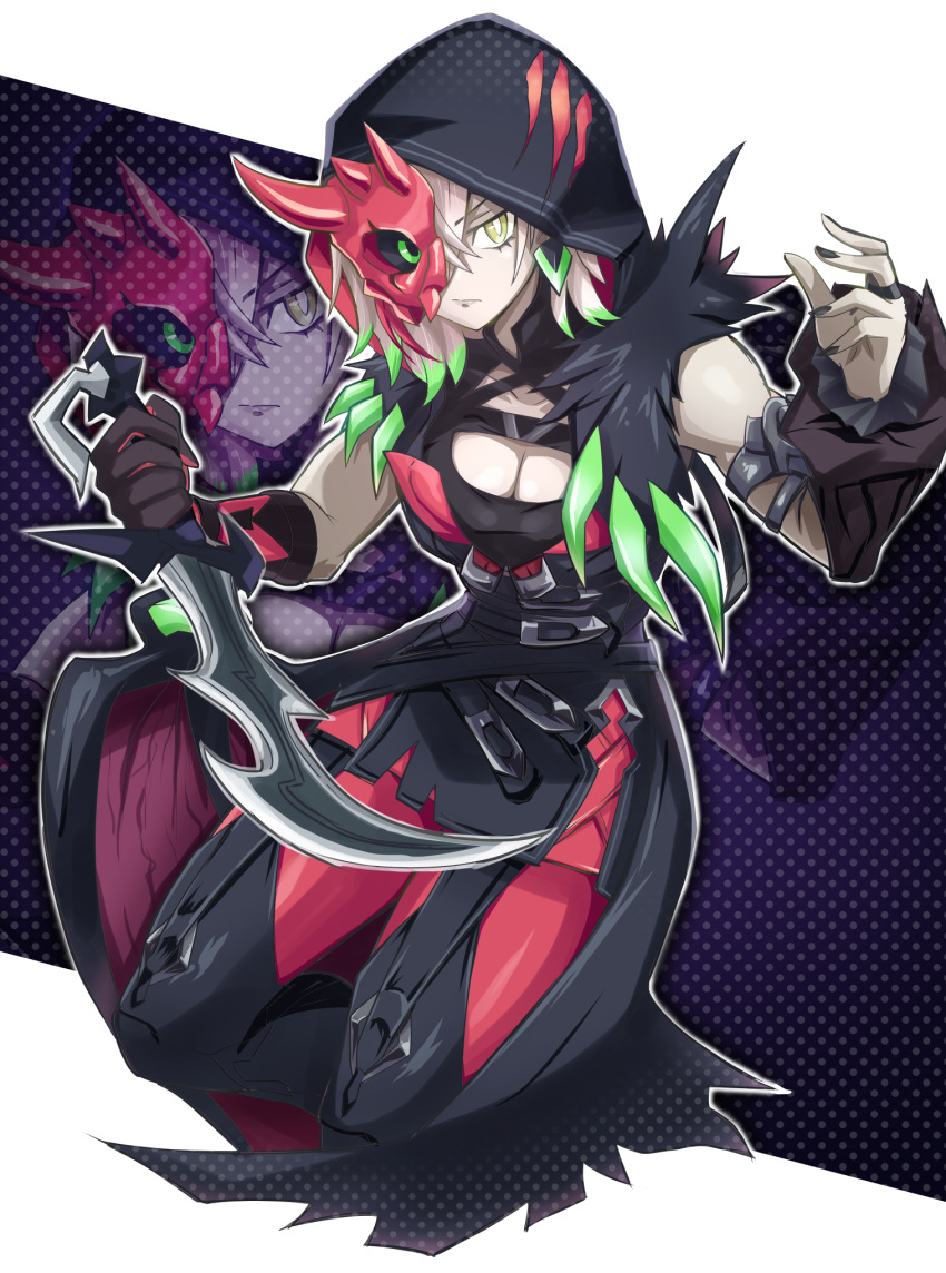 1girl black_nails blonde_hair breasts cleavage colored_tips cropped_legs dagger detached_sleeves diabellestarr_the_dark_witch duel_monster glaring gloves green_eyes half_mask hands_up heterochromia highres holding holding_dagger holding_knife holding_weapon hood knife mask multicolored_hair single_bare_shoulder single_glove solo usoco weapon yu-gi-oh!