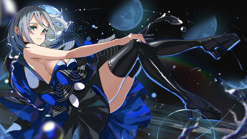 1girl absurdres bare_arms black_dress black_footwear blue_dress blue_nails boots breasts cleavage dress floating_hair from_side full_body green_eyes grey_hair haru_yu highres long_hair medium_breasts moonlight_(takt_op.) nail_polish parted_lips short_dress sideboob smile solo space strapless strapless_dress takt_op. thigh_boots two-tone_dress