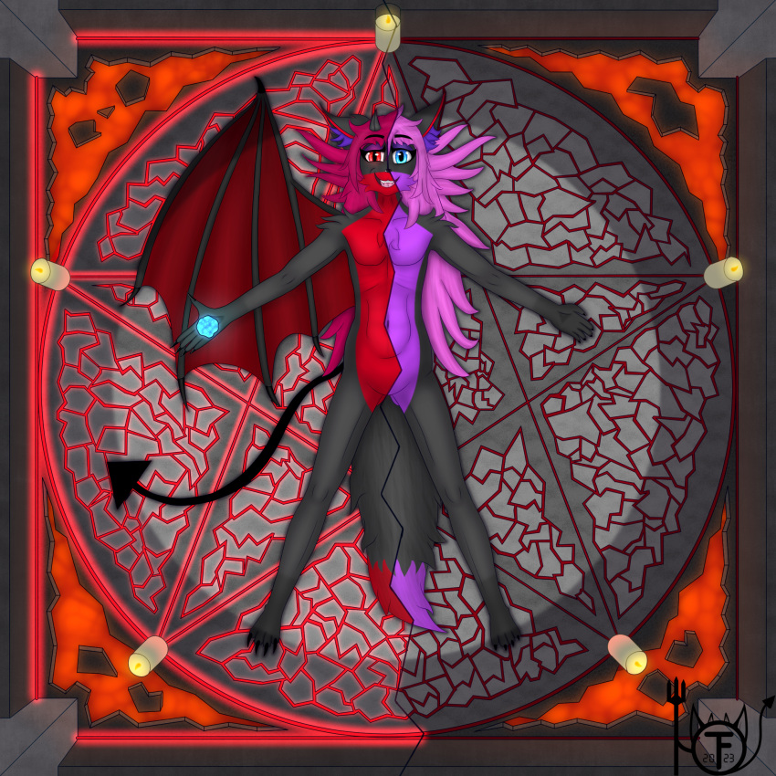 4k 9:16 altar anthro black_body blue_eyes candle canid canine demon digital_media_(artwork) fox fur hair hi_res horn lava looking_at_viewer male mammal nude onetruefanatyk open_mouth pentagram red_eyes smile solo tail wings