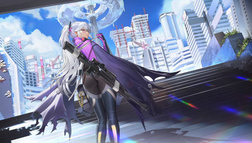 1girl absurdres ass blue_sky bodysuit braid building cape city cityscape dark-skinned_female dark_skin feet_out_of_frame from_behind girls'_frontline girls'_frontline_2:_exilium gloves gun hair_between_eyes highres lan_liyu_renzi lens_flare long_hair looking_at_viewer looking_back nemesis_(girls'_frontline_2) om_50_nemesis outdoors ponytail purple_cape purple_eyes rifle scenery scope sky sling smile sniper_rifle solo stairs very_long_hair weapon white_hair