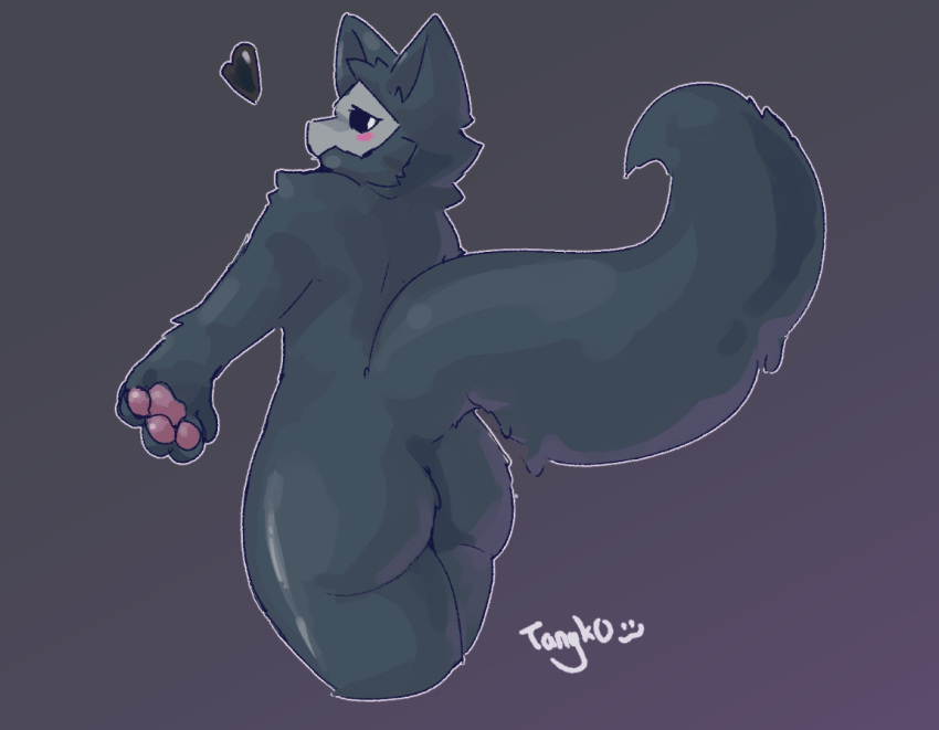 2023 anthro artist_name black_body blush butt canid canine canis casual_nudity changed_(video_game) fingers goo_creature looking_at_viewer looking_back looking_back_at_viewer male mammal nude pawpads paws puro_(changed) signature simple_background solo standing tanyk0s wolf