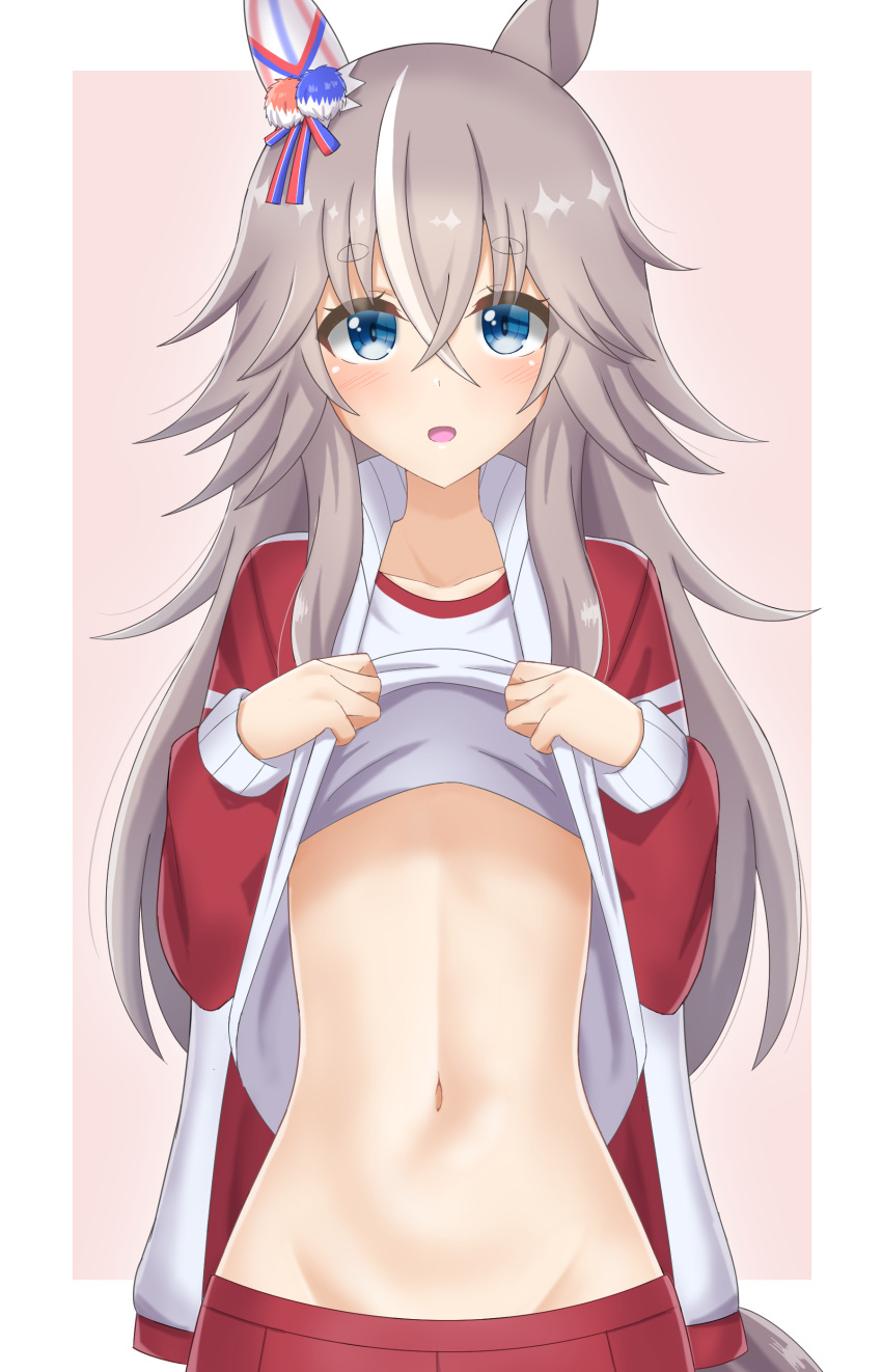 1girl absurdres blue_eyes blush collarbone commentary_request grey_hair groin gym_uniform hair_between_eyes hair_ornament highres horse_girl jacket kusarigama_sshimi lifted_by_self looking_at_viewer midriff midriff_peek navel shorts simple_background solo stomach thick_eyebrows umamusume white_background wonder_acute_(umamusume)