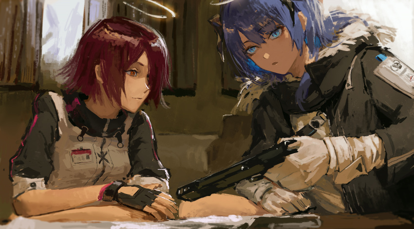 2girls arknights black_gloves black_jacket blue_eyes blue_hair closed_mouth exusiai_(arknights) fingerless_gloves gloves gun hair_between_eyes hair_over_one_eye halo highres holding holding_gun holding_weapon horns jacket lingear mostima_(arknights) multiple_girls open_clothes open_jacket parted_lips puffy_short_sleeves puffy_sleeves red_eyes red_hair shirt short_sleeves smile weapon white_gloves white_jacket white_shirt