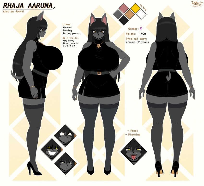 anubian_jackal black_hair breasts canid canine canis clothing english_text footwear gynomorph hair hi_res high_heels intersex jackal jewelry mammal model_sheet piercing razplus rhaja_aaruna tail text tongue yellow_eyes