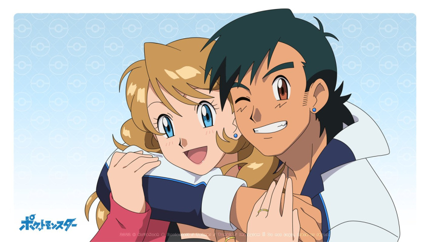 1boy 1girl :d aged_up ash_ketchum black_hair blonde_hair blue_eyes brown_eyes earrings eyelashes grin hands_up hetero jacket jewelry long_hair long_sleeves looking_at_viewer mixed-language_commentary noelia_ponce one_eye_closed open_mouth pokemon pokemon_(anime) pokemon_xy_(anime) popped_collar redrawn ring serena_(pokemon) smile teeth tongue upper_body
