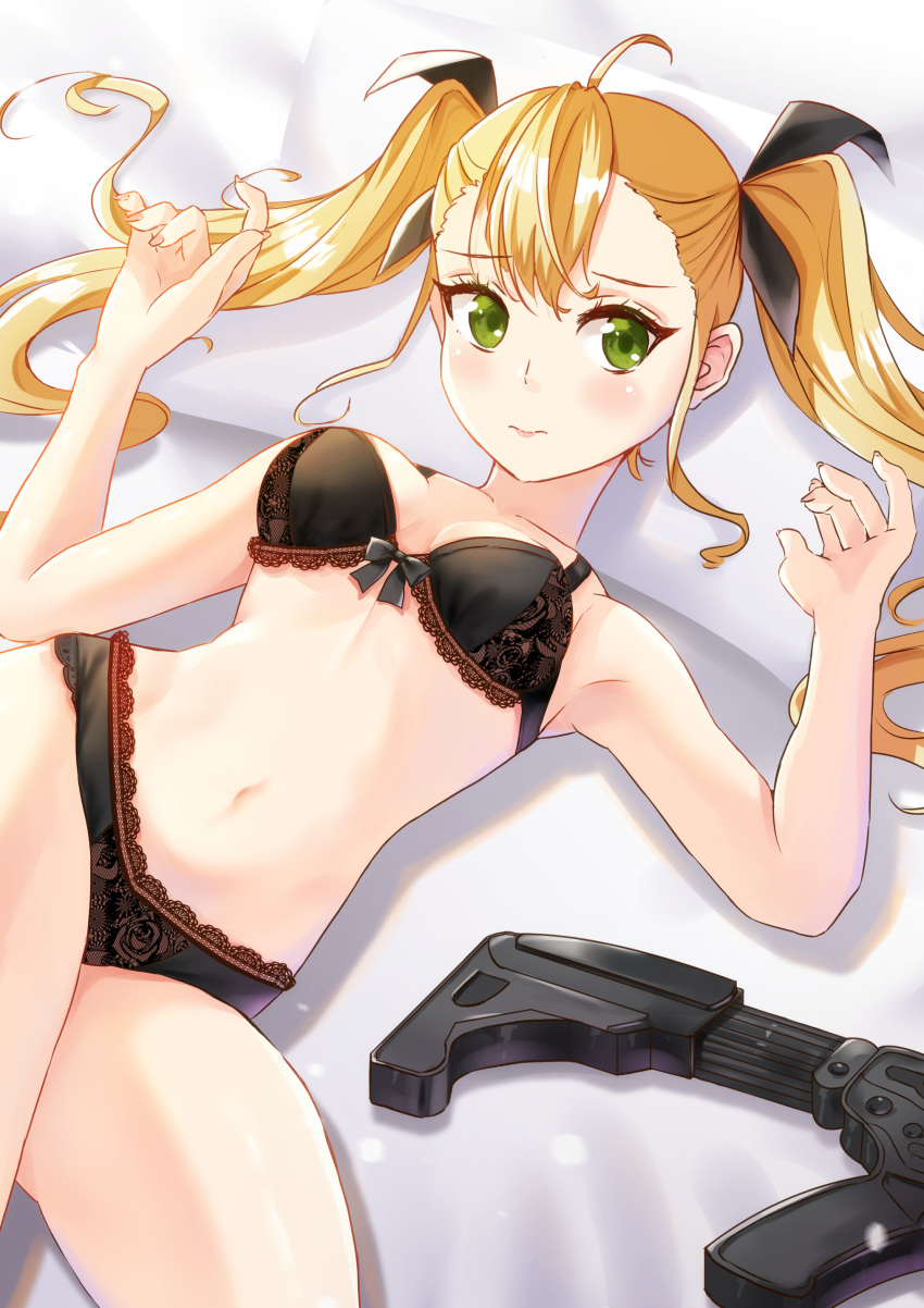 1girl absurdres ahoge bare_arms bare_shoulders bed_sheet black_bra black_panties black_ribbon blonde_hair bow bow_bra bra breasts collarbone commentary_request commission green_eyes gun hair_ribbon hands_up highres holmemee kaijuu_no._8 lace-trimmed_bra lace-trimmed_panties lace_trim long_hair looking_at_viewer medium_breasts navel panties pillow pixiv_commission ribbon shinomiya_kikoru solo twintails underwear underwear_only very_long_hair weapon weapon_request