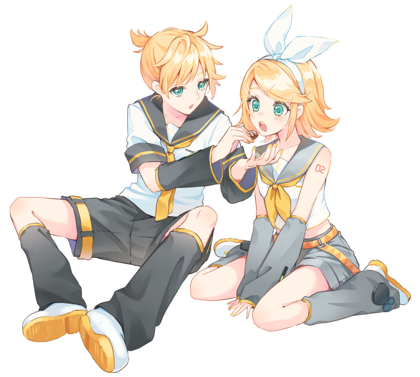 1boy 1girl ahoge bare_shoulders bass_clef belt between_legs black_sailor_collar black_shorts black_sleeves blonde_hair bow brother_and_sister commentary detached_sleeves green_eyes grey_sailor_collar grey_sleeves hair_bow hair_ornament hairband hairclip hand_between_legs highres kagamine_len kagamine_rin leg_warmers midriff neckerchief necktie number_tattoo open_mouth sailor_collar sailor_shirt sharing_food shireru_illust shirt shoes short_hair short_ponytail short_sleeves shorts shoulder_tattoo siblings sitting sleeveless sleeveless_shirt sneakers swept_bangs symbol-only_commentary tattoo treble_clef twins vocaloid wariza white_bow white_footwear yellow_belt yellow_nails yellow_neckerchief yellow_necktie