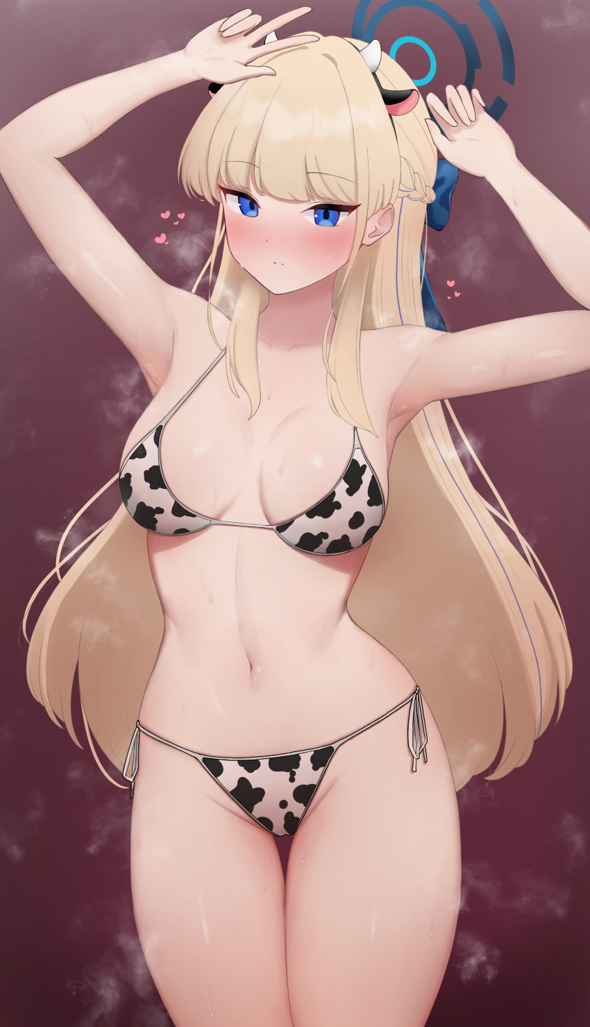 1girl absurdres animal_ears animal_print arms_up bikini blonde_hair blue_archive blue_eyes blush breasts closed_mouth cow_ears cow_horns cow_print fake_animal_ears fake_horns gintoro hairband halo highres horns long_hair medium_breasts navel print_bikini solo steaming_body stomach sweat swimsuit thighs toki_(blue_archive) very_long_hair w