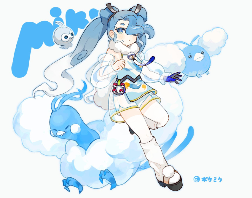 1girl altaria blush castform castform_(normal) character_name commentary_request crossover double_bun evolutionary_line eyelashes gloves hair_bun hair_over_one_eye hair_ribbon hatsune_miku long_hair loose_socks one_eye_closed platform_footwear pokemon pokemon_(creature) project_voltage ribbon see-through see-through_shorts see-through_sleeves socks swablu tooruruuu twintails vest vocaloid white_background