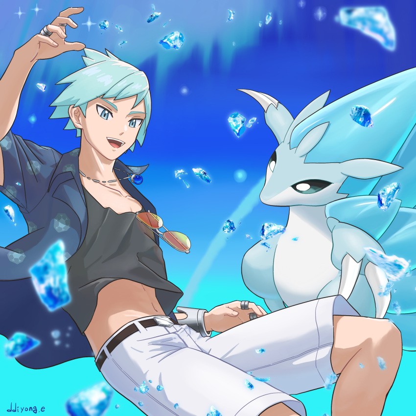 1boy absurdres alolan_sandslash belt blue_eyes blue_hair claws collarbone ddiyong.e eyewear_hang highres jewelry looking_at_viewer male_focus navel official_alternate_costume open_mouth pokemon pokemon_(creature) pokemon_(game) pokemon_masters_ex ring signature smile steven_stone steven_stone_(summer_2020) sunglasses unworn_eyewear