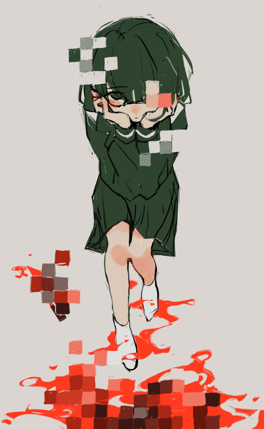 1girl absurdres blood blood_on_knife braid censored closed_mouth clover_knight_(vocaloid) commentary edge_0605 expressionless from_above glasses green_eyes green_hair green_serafuku green_skirt grey_background hands_on_own_cheeks hands_on_own_face highres implied_murder knees_together_feet_apart knife limited_palette long_hair looking_at_viewer looking_up low_twin_braids mosaic_censoring no_shoes one_eye_covered pool_of_blood school_uniform serafuku skirt socks solo symbol-only_commentary twin_braids vocaloid white_socks