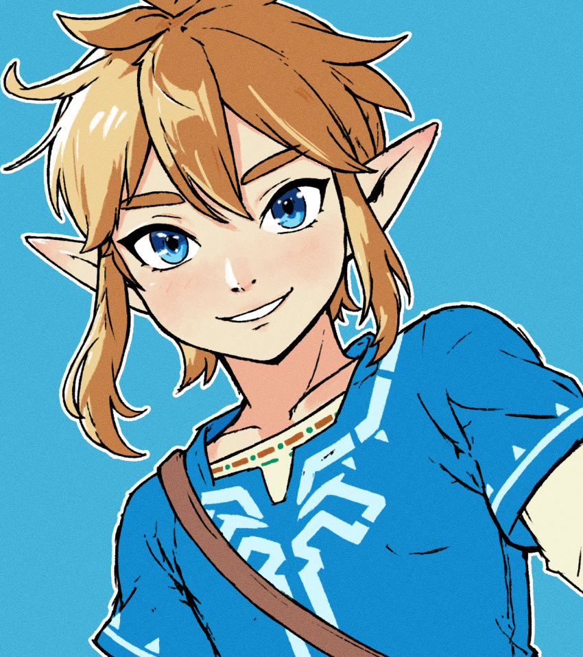 2023 absurd_res beachepisode blonde_hair breath_of_the_wild clothing elf hair hi_res humanoid humanoid_pointy_ears hylian light_body light_skin link looking_at_viewer male nintendo not_furry shirt simple_background smile solo the_legend_of_zelda topwear