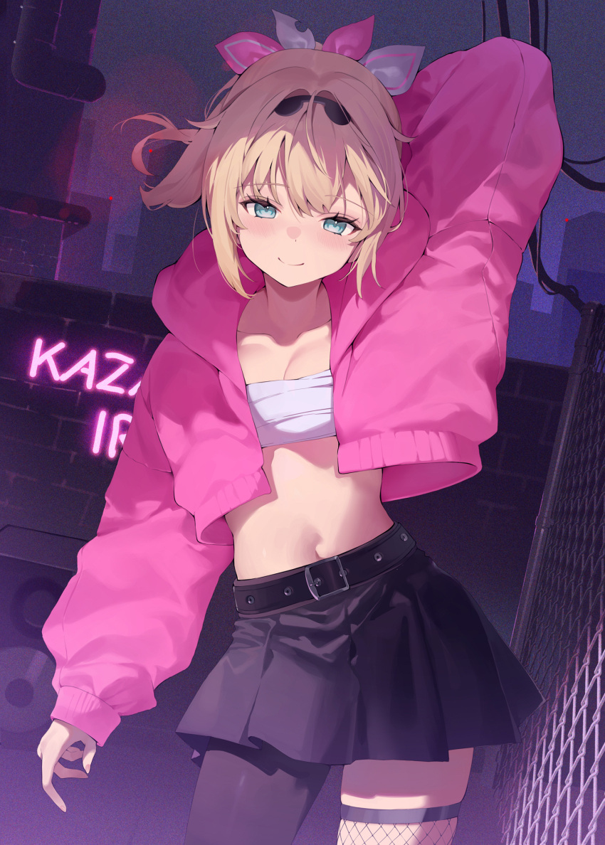 1girl arm_behind_back belt belt_buckle black_belt black_hairband black_skirt blonde_hair blue_eyes breasts buckle chain-link_fence chest_sarashi cleavage closed_mouth collarbone cowboy_shot cropped_jacket fence fishnet_thighhighs fishnets hair_ornament hairband hana_mori highres hololive hood hood_down hooded_jacket jacket kazama_iroha looking_at_viewer midriff navel night no_shirt open_clothes open_jacket outdoors pink_jacket pleated_skirt sarashi single_leg_pantyhose single_thighhigh skirt sleeves_past_wrists solo thighhighs virtual_youtuber