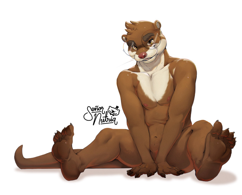 2023 african_clawless_otter anthro big_glasses brown_body brown_fur covering covering_crotch digital_media_(artwork) feet fur hands_between_legs head_tilt hi_res looking_at_viewer male mammal mustelid nipples nude otter sami_(rudderbutts) signature simple_background skrawl smile solo spread_legs spreading tail text white_background
