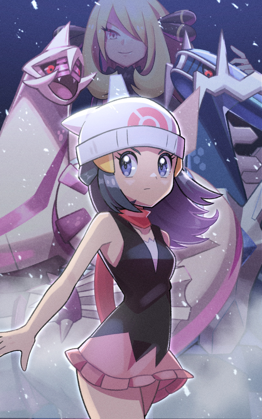 beanie black_shirt blonde_hair blue_eyes blue_hair cynthia_(pokemon) dawn_(pokemon) dialga hair_ornament hat highres inana_umi long_hair miniskirt palkia pink_skirt poke_ball_symbol pokemon pokemon_(game) pokemon_dppt shirt sidelocks skirt sleeveless