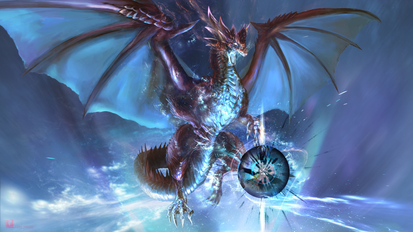 claws dragon dragon_claw dragon_horns dragon_wings glowing glowing_eyes glowing_mouth highres horns kurotokusa large_wings monster monster_hunter:_world monster_hunter_(series) no_humans orb safi'jiiva scales sky western_dragon wings