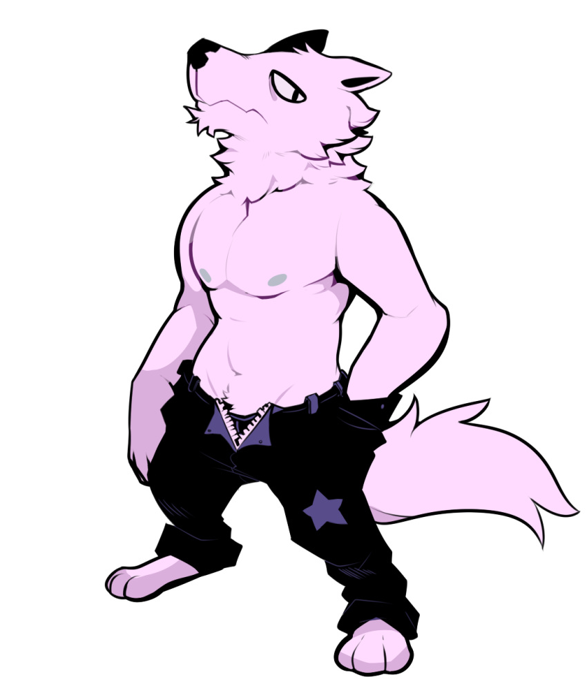 anthro black_bottomwear black_clothing black_pants black_underwear bottomwear canid canine canis clothing digital_drawing_(artwork) digital_media_(artwork) domestic_dog fur hi_res looking_at_viewer male mammal mangneto nipples pants solo standing underwear unzipped unzipped_pants white_body white_fur zipper