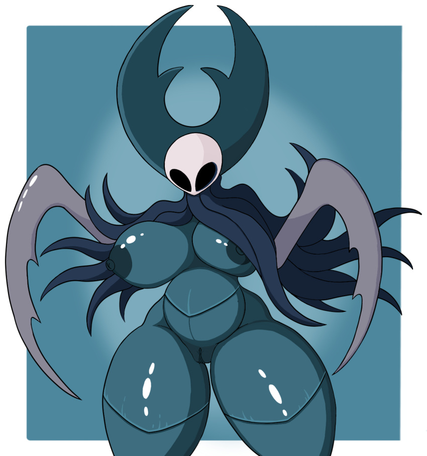 anthro arthropod blue_body breasts cape claws clothing crossgender exoskeleton female genitals hi_res horn insect mantis nipples poraka7 pussy solo thick_thighs traitor_lord_(hollow_knight)