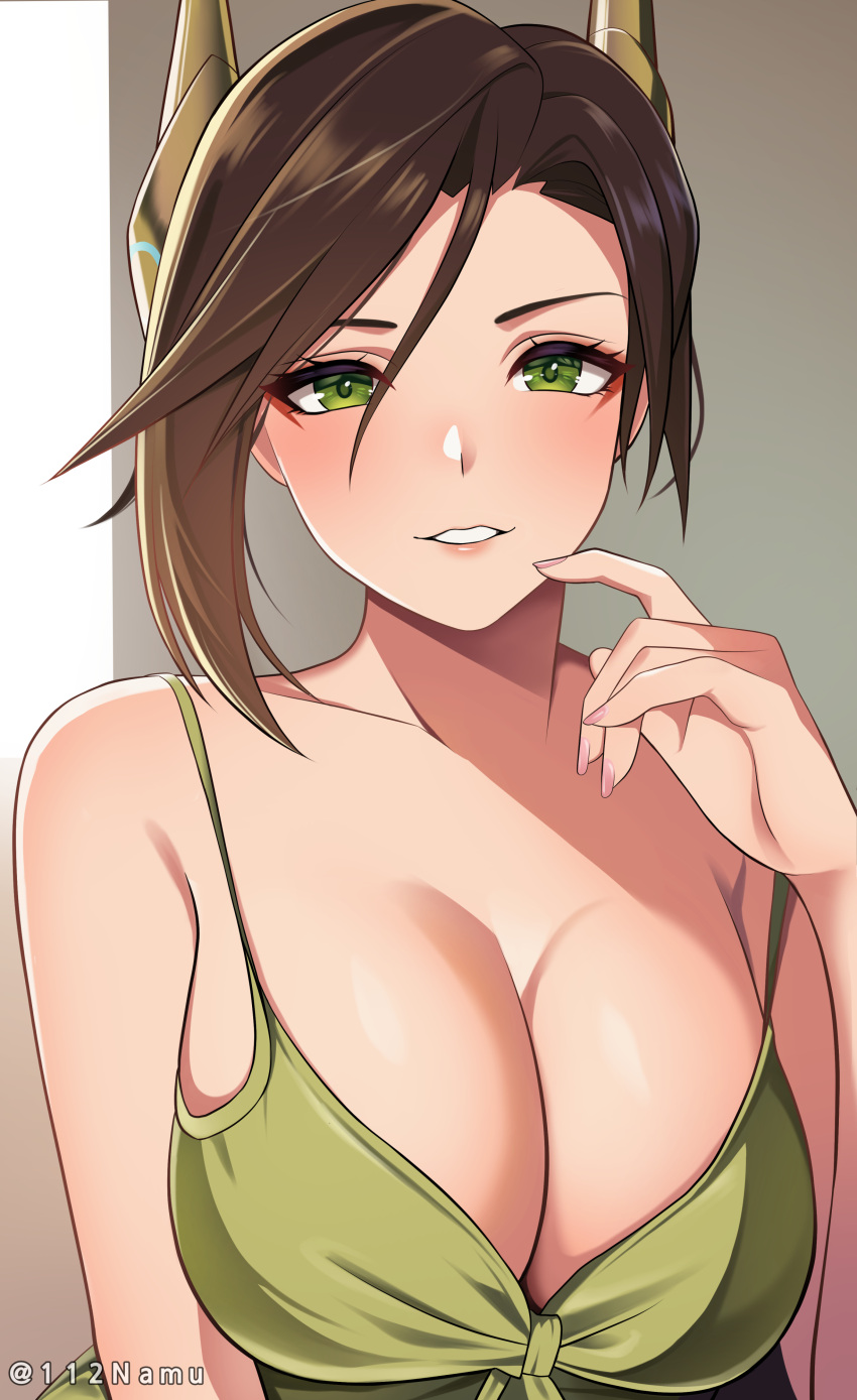 1girl absurdres alexandria_(xenoblade) blush breasts brown_hair cleavage collarbone commentary eyeliner finger_to_face green_eyes hair_ornament highres large_breasts looking_at_viewer makeup namu_(112namu) parted_lips short_hair solo twitter_username upper_body xenoblade_chronicles_(series) xenoblade_chronicles_3