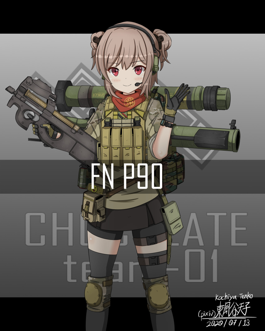 1girl absurdres ammunition_pouch artist_name bangs belgian_flag black_gloves black_skirt blush brown_gloves brown_shirt brown_vest bullpup camouflage camouflage_shirt character_name closed_mouth commentary_request dated desert_camouflage double_bun emoji english_text fn_herstal girls'_frontline gloves gradient_background grey_background grey_thighhighs gun hair_bun hair_ornament hand_up headset highres holding holding_gun holding_weapon kanji knee_pads kochiya_tenko letterboxed light_brown_hair load_bearing_equipment load_bearing_vest logo looking_at_viewer military miniskirt no_eyewear p90 p90_(girls'_frontline) pixiv_username pouch product_placement red_eyes rocket_launcher romaji_text shirt skirt sleeves_rolled_up smaw smile smoke_grenade snap-fit_buckle solo submachine_gun tactical_clothes thigh_pouch thighhighs tsurime two-tone_gloves vest watch weapon weapon_name weapon_on_back wristwatch