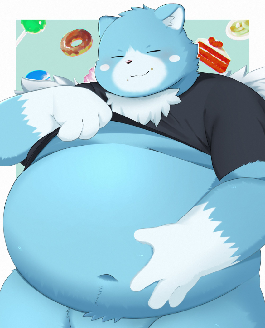 2023 absurd_res anthro bear belly big_belly blue_body blush cake candy clothed clothing dessert doughnut eyes_closed food hi_res kemono male mammal moobs moosh navel nintendo oracle_of_ages oracle_of_seasons overweight overweight_male raised_clothing raised_shirt raised_topwear shirt solo the_legend_of_zelda topwear trail_arnak wings