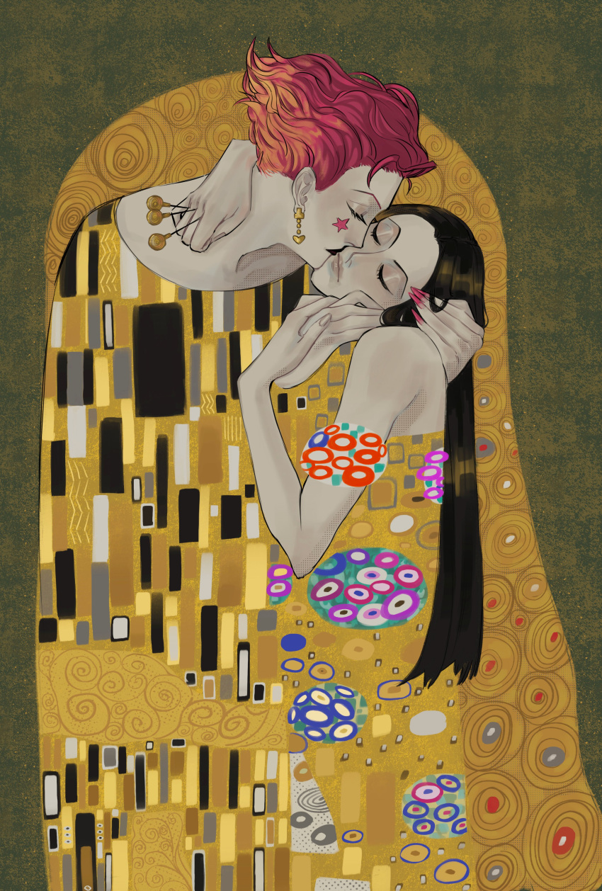 2boys absurdres arm_around_neck black_hair black_lips closed_eyes facepaint facial_mark fine_art_parody gustav_klimt_(style) hand_on_another's_face hand_on_another's_hand highres hisoka_morow holding holding_another's_head holding_hands holding_needle hunter_x_hunter illumi_zoldyck kiss kissing_cheek lisanamii long_hair male_focus multiple_boys nail_polish needle parody pin pink_nails profile red_hair robe short_hair star_(symbol) star_facial_mark the_kiss yaoi yellow_robe