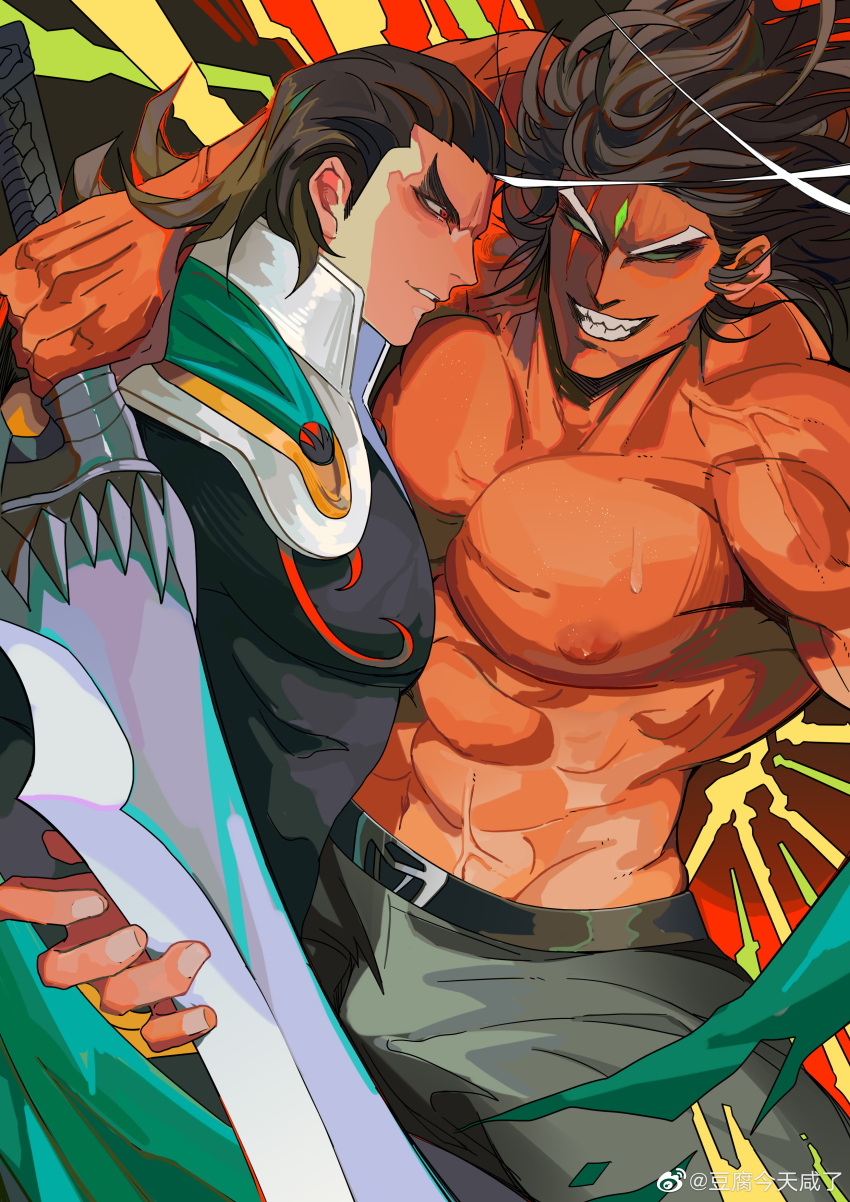 2boys abs absurdres arm_around_shoulder bara cape character_request copyright_request dark-skinned_male dark_skin doufujintianxianle evil_smile feet_out_of_frame forehead_jewel green_cape grin highres holding holding_sword holding_weapon large_pectorals long_sideburns male_focus medium_hair multiple_boys muscular muscular_male nipples no_pupils pectorals short_hair sideburns smile stomach sweat sword thick_eyebrows topless_male veiny_crotch weapon