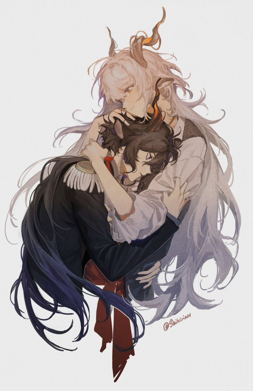 2boys arknights arms_around_neck arms_around_waist black_hair black_shirt blue_hair commentary cropped_torso ebenholz_(arknights) epaulettes from_side goat_boy goat_horns gradient_hair grey_vest highres horns hug kreide_(arknights) light_frown light_smile long_hair long_sleeves multicolored_hair multiple_boys ponytail purple_eyes red_eyes shikiri shirt simple_background twitter_username vest white_background white_hair white_shirt yaoi