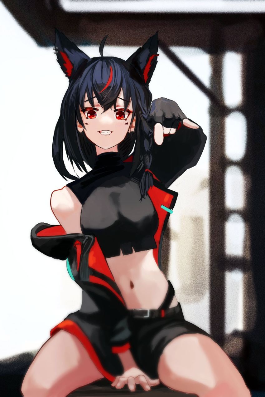 1girl animal_ear_fluff animal_ear_piercing animal_ears black_hoodie black_shorts braid breasts crop_top dark_persona extra_ears fox_ears fox_girl hair_between_eyes highleg highleg_panties highres hololive hood hoodie kurokami_fubuki looking_at_viewer medium_breasts multicolored_hair navel open_mouth panties red_eyes retrocreature shirakami_fubuki shorts single_braid smile solo stomach underwear virtual_youtuber