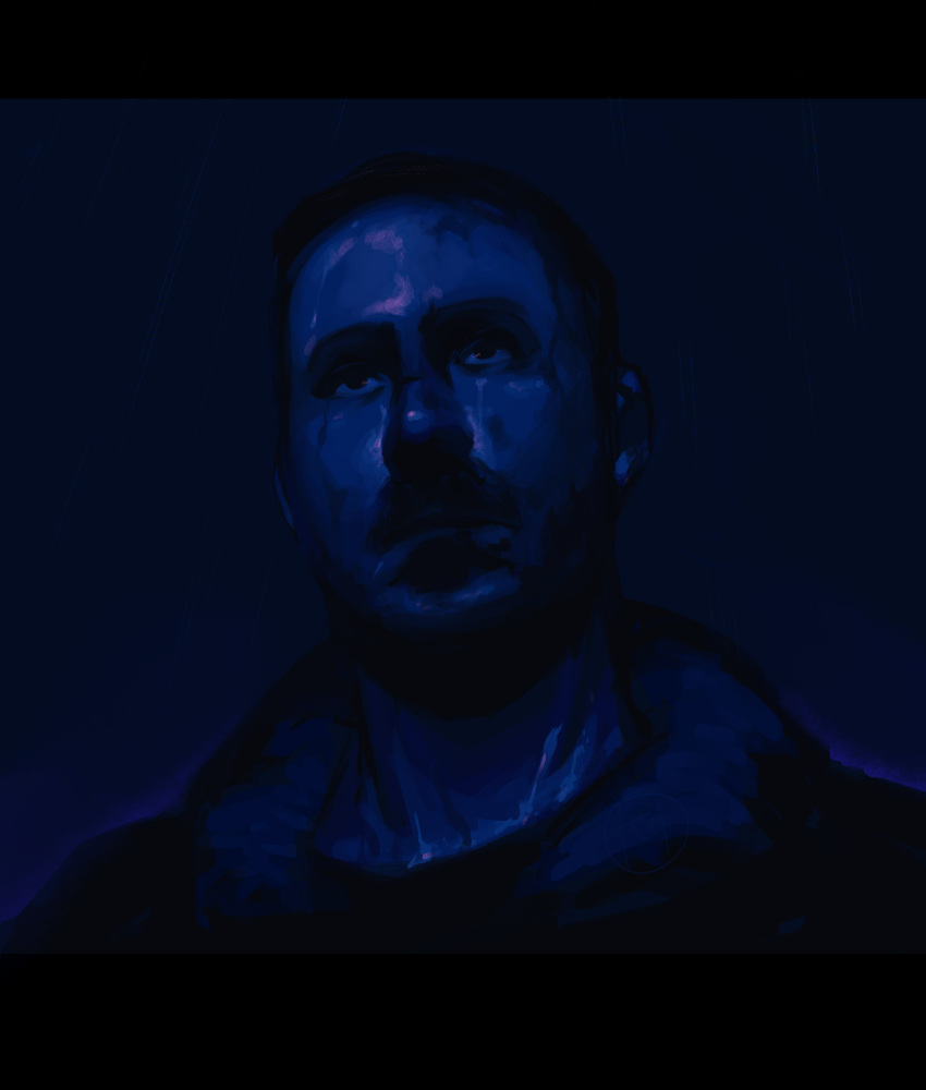 1boy blade_runner_2049 coat facial_hair highres injury k_(blade_runner_2049) krekkov male_focus night night_sky outdoors scene_reference sky solo stubble upper_body wet