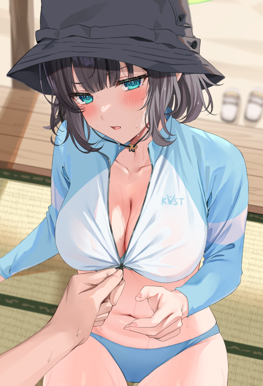 1boy 1girl bikini bikini_bottom_only black_hair blue_archive blue_eyes blush breasts cleavage collarbone combat_helmet cropped_jacket helmet highres hizuki_higure large_breasts navel open_mouth pulled_by_another raglan_sleeves saki_(blue_archive) short_hair solo solo_focus stahlhelm stomach swimsuit tatami thighs wet zipper_pull_tab