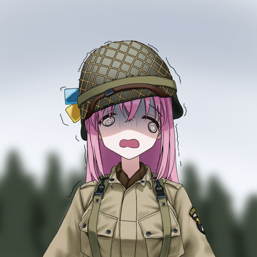 101st_airborne 1girl @_@ bocchi_the_rock! breast_pocket cube_hair_ornament gotoh_hitori hair_ornament helmet highres military military_uniform motion_lines paratrooper patch pink_hair pocket shoulder_patch uniform united_states united_states_army world_war_ii