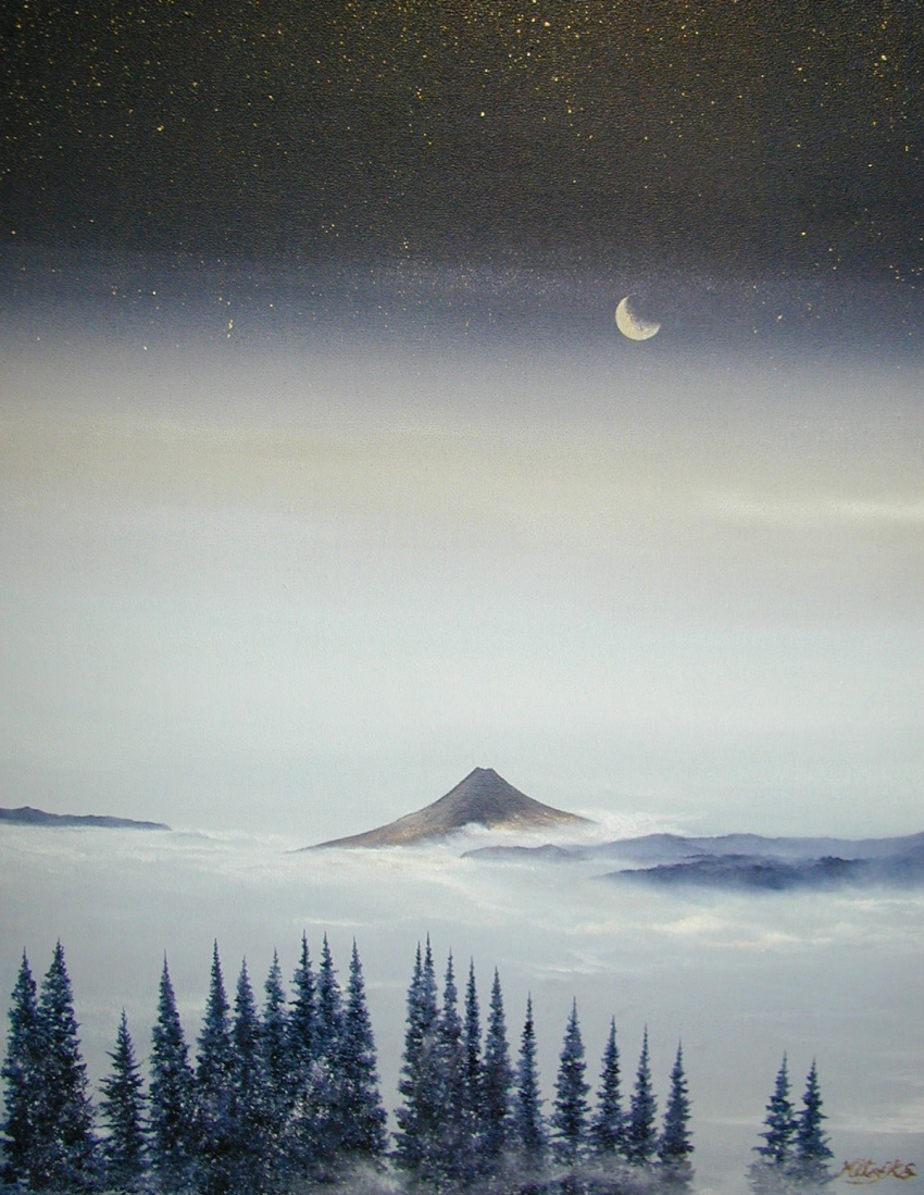 cloud cloudy_sky fog forest highres mitzoka2001 moon mountain nature night night_sky no_humans original pine_tree scenery sky star_(sky) starry_sky tree white_sky