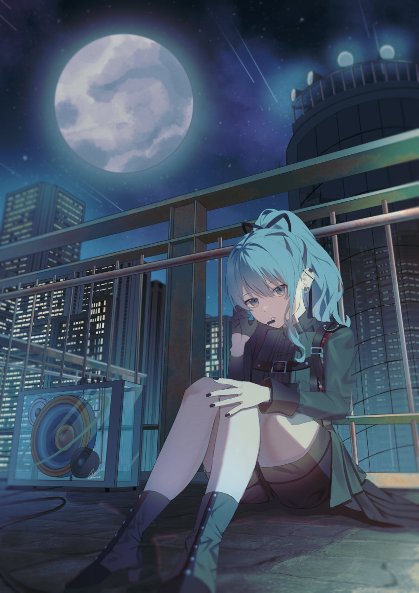 1girl black_gloves blue_eyes blue_hair boots city earrings full_moon gloves highres hololive hoshimachi_suisei jewelry looking_at_viewer maria_onnette microphone moon night night_sky outdoors ponytail shooting_star shorts sky solo star_(sky)