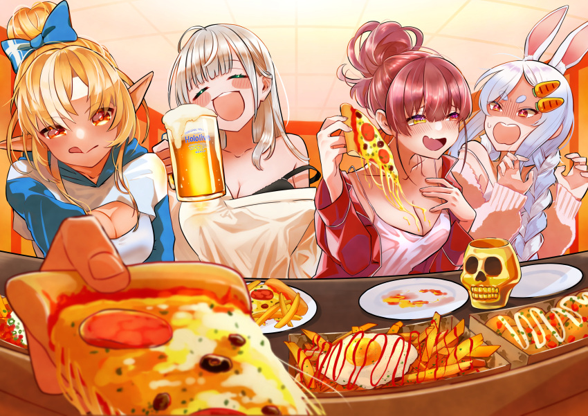 4girls absurdres alcohol bare_shoulders beer black_bra blonde_hair blue_bow blunt_bangs bow bra breasts character_request cleavage closed_eyes food french_fries fried_egg giving_food grey_hair hair_bow heterochromia highres hololive hood hood_down indoors ketchup licking_lips long_hair monster_rally multiple_girls no_nose open_mouth pepperoni pink_sweater pizza plate pointy_ears ponytail pov red_eyes red_hair smile strap_slip sweater tongue tongue_out underwear usada_pekora yellow_eyes