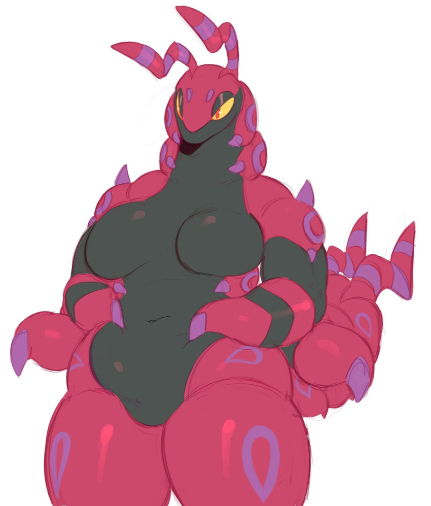 antennae_(anatomy) anthro anthrofied arthropod big_breasts black_body breasts digital_media_(artwork) eyebrows eyelashes featureless_breasts featureless_crotch female generation_5_pokemon hanaarts hi_res myriapod narrowed_eyes navel nintendo nude pokemon pokemon_(species) red_body red_eyes red_skin scolipede simple_background smile solo standing tail thick_thighs white_background yellow_sclera