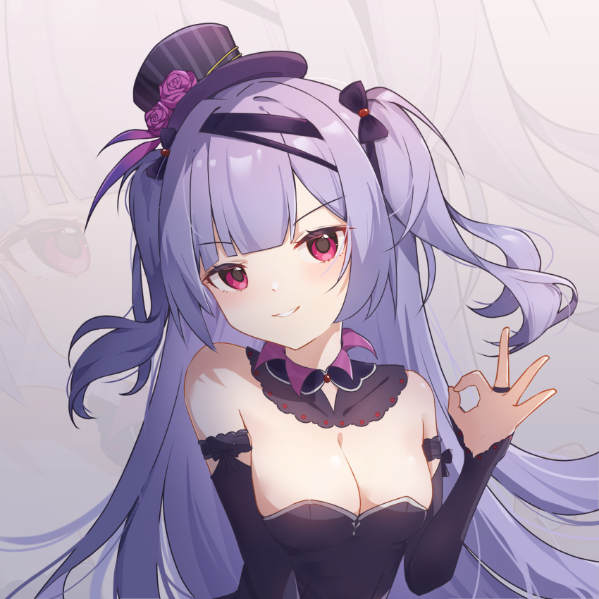 1girl ajax_(azur_lane) ajax_(party_queen)_(azur_lane) azur_lane black_bow black_bridal_gauntlets black_collar black_dress bow breasts cleavage collar detached_collar dress flower hair_bow hat hat_flower highres long_hair mini_hat mini_top_hat ok_sign pink_eyes purple_flower purple_hair solo strapless strapless_dress top_hat twintails upper_body ye_zhaolan