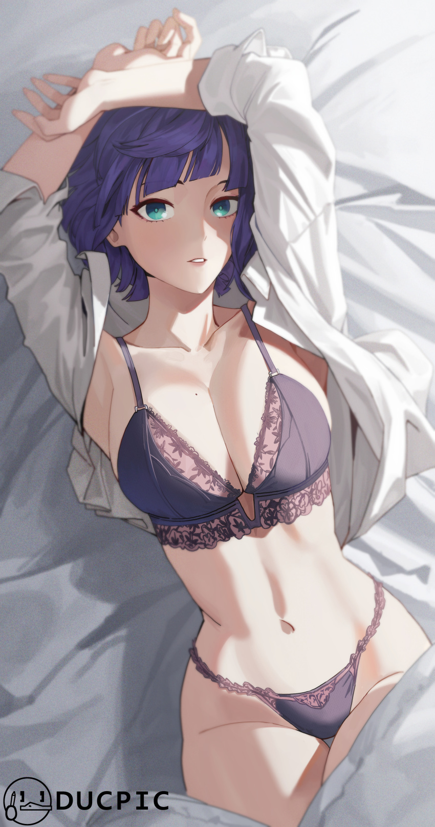1girl absurdres aqua_eyes armpits arms_up bed_sheet blue_hair bra breasts cleavage ducpic genshin_impact highres large_breasts looking_at_viewer lying mole mole_on_breast panties short_hair solo stomach underwear yelan_(genshin_impact)