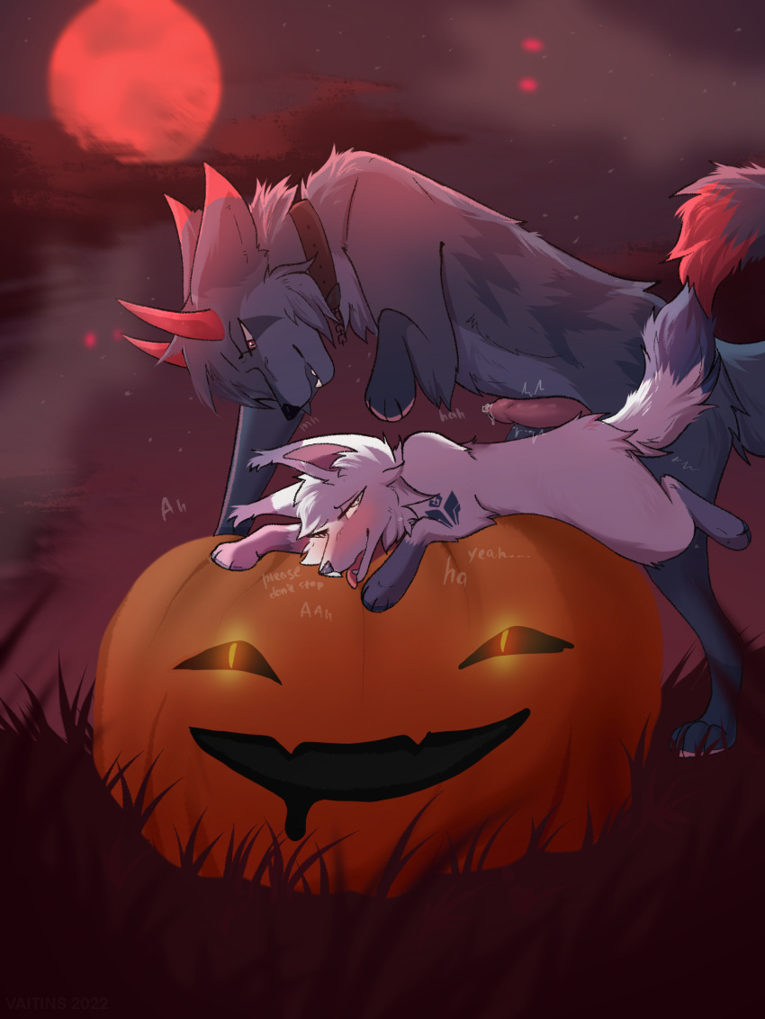after_sex canid canine canis duo female female_penetrated feral feral_on_feral fox hi_res jack-o'-lantern male male/female mammal marc_(smar7) on_top penetration vaitins wolf