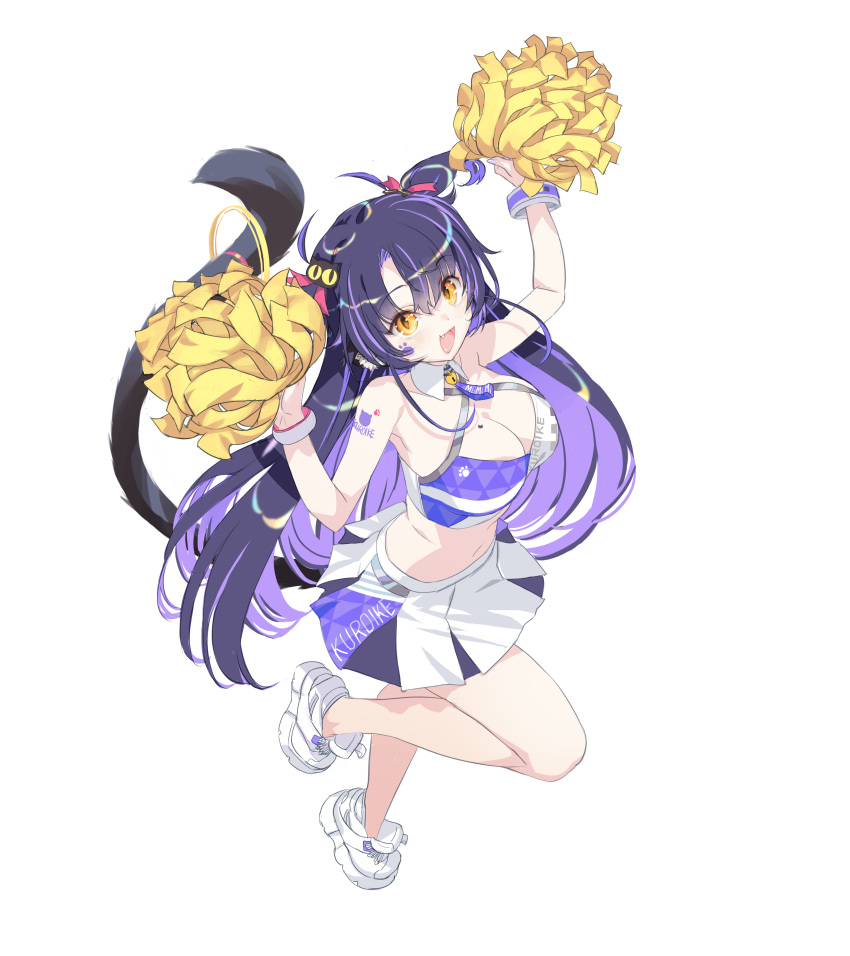 1girl absurdres animal_ears arm_tattoo arms_up bare_shoulders blue_archive breasts cat_ears cat_girl cat_tail cleavage crop_top fang full_body highres holding holding_pom_poms indie_virtual_youtuber kiyama_satoshi kuroike_momimi large_breasts long_hair looking_at_viewer millennium_cheerleader_outfit_(blue_archive) miniskirt mole mole_on_breast navel open_mouth parted_bangs pom_pom_(cheerleading) purple_hair shirt shoes skirt sleeveless sleeveless_shirt smile sneakers solo standing standing_on_one_leg tail tattoo two_side_up virtual_youtuber white_background white_footwear wristband yellow_eyes