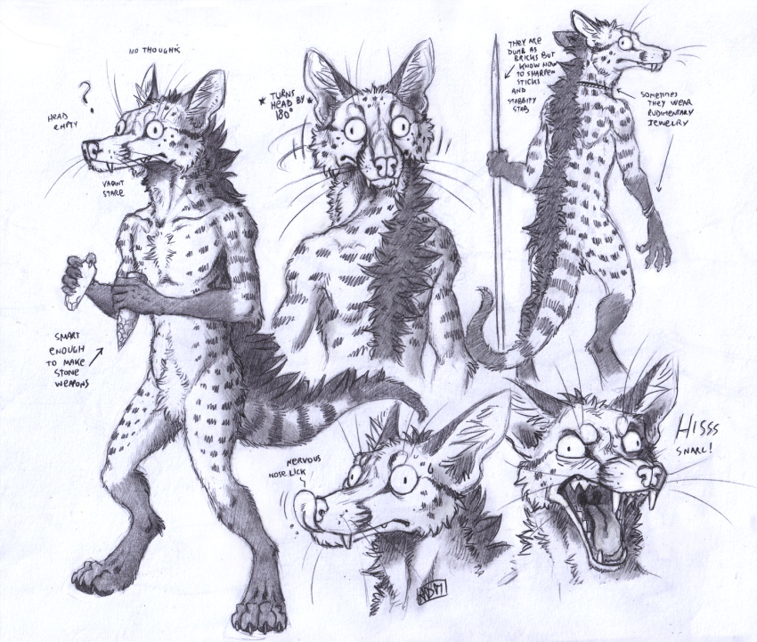 0laffson 5_fingers anthro biped civet claws english_text fangs fingers fur hi_res holding_object holding_weapon inner_ear_fluff male mammal monochrome open_mouth question_mark solo teeth text tongue tongue_out tuft viverrid weapon whiskers