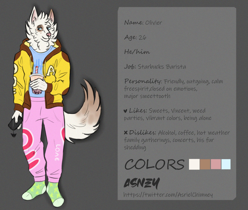 anthro asney blue_eyes canid canine canis clothed clothing domestic_dog fan_character flat_colors fluffy fluffy_fur fluffy_tail fur hi_res humanoid male mammal model_sheet pink_nose smile solo spots standing tail white_body white_fur