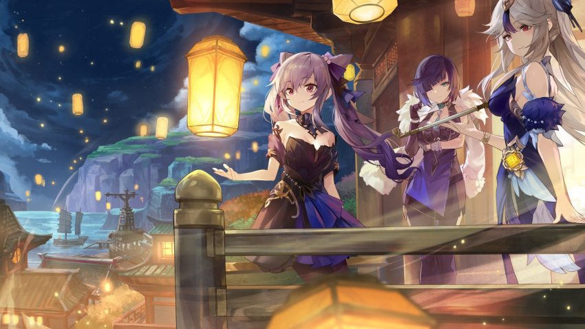 3girls bare_shoulders black_choker black_dress blue_hair building choker commentary_request cone_hair_bun dress genshin_impact goomrrat green_eyes hair_bun hair_ribbon highres keqing_(genshin_impact) lantern long_hair multiple_girls night night_sky ningguang_(genshin_impact) off-shoulder_dress off_shoulder outdoors paper_lantern purple_eyes purple_hair railing red_eyes ribbon short_sleeves sky standing twintails very_long_hair white_hair yelan_(genshin_impact)