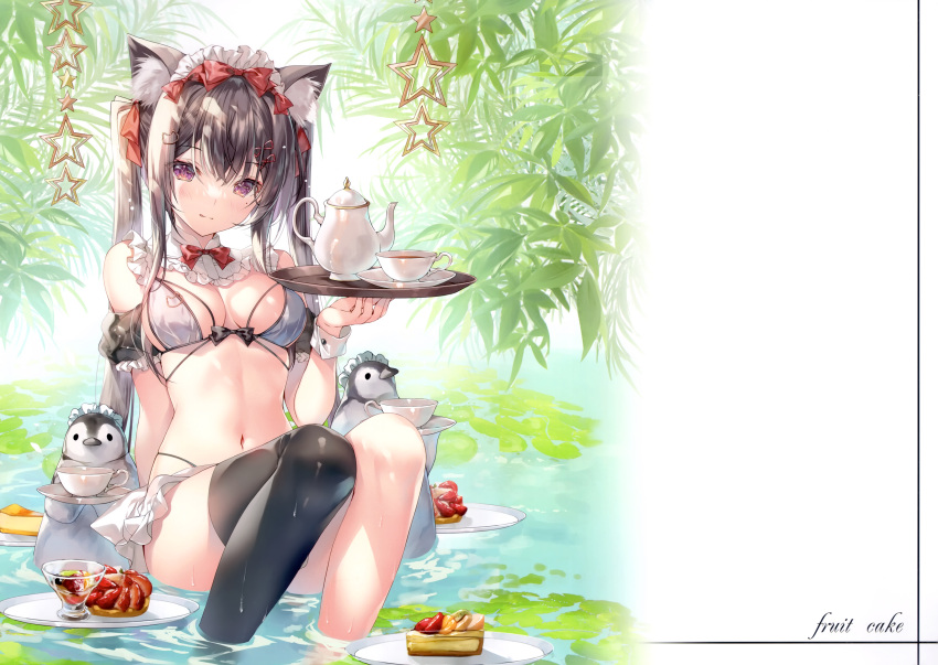 1girl absurdres animal animal_ear_fluff animal_ears apron arm_support bare_shoulders bird black_hair blush breasts cake cake_slice cat_ears cat_girl closed_mouth food frills fruit hair_ornament hairclip highres holding leaf long_hair looking_at_viewer maid_headdress medium_breasts miwabe_sakura mole mole_under_eye navel original partially_submerged pastry penguin plate puffy_short_sleeves puffy_sleeves purple_eyes ribbon scan shiny_skin short_sleeves simple_background single_thighhigh sitting stomach strawberry teapot tearing_up thighhighs thighs tray twintails waist_apron water water_drop wet wet_clothes wrist_cuffs