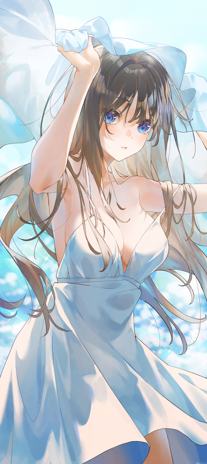 1girl absurdres arms_up artist_name bare_arms blanket blue_eyes blurry blurry_background breasts brown_hair chinese_commentary closed_mouth commentary_request dated day diffraction_spikes dress hair_between_eyes highres holding holding_blanket large_breasts long_hair looking_at_viewer original outdoors sleeveless sleeveless_dress solo spaghetti_strap strap_slip sundress swkl:d white_dress