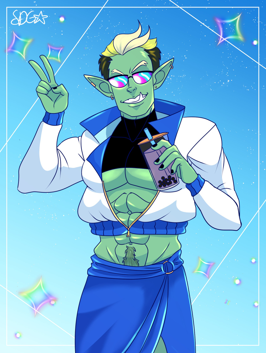 abs absurd_res clothed clothing crop_top cropped_jacket drawfee_(copyright) drawtectives fully_clothed gyorik_rogdul hi_res humanoid humanoid_pointy_ears male muscular muscular_humanoid muscular_male not_furry orc shirt solo stardustghoul topwear underbite