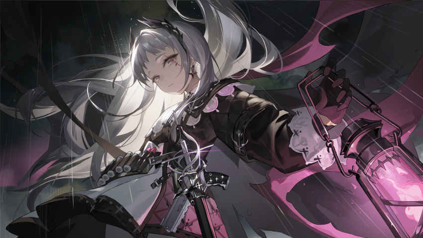 1girl ammunition_belt arknights black_gloves cloak earrings gloves grey_eyes grey_hair gun handgun highres holding holding_lantern irene_(arknights) jewelry lantern long_hair maipianvale rain rapier scar scar_across_eye sword weapon