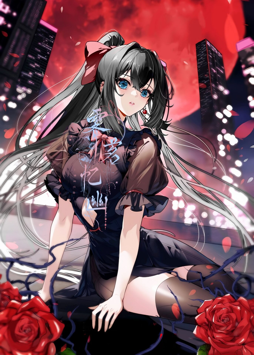 1girl bad_link bart._d black_dress black_hair black_shorts black_thighhighs blue_eyes building chest_cutout cover cover_page douluo_dalu dr._daji dress earrings flower hair_ribbon highres jewelry manga_cover moon official_art parted_lips ponytail red_moon ribbon rose short_sleeves shorts sitting skyscraper solo tang_ya_(douluo_dalu) teeth thighhighs third-party_source upper_body